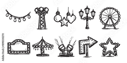 Black and white sketched fairground icons. Includes a ferris wheel, carousel, spotlights, and decorative lights. Ideal for event promotion, invitations, or design elements.