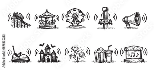Hand-drawn style vector illustration featuring various amusement park attractions accompanied by sound wave icons. Perfect for event promotion, flyers, posters, and themed graphics.
