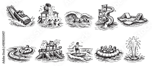 Hand-drawn waterpark illustration featuring slides, wave pool, and attractions. Perfect for brochures, posters, and promotional materials for family vacation and summer activities.