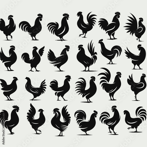 A collection of black silhouette rooster illustrations in various poses and styles