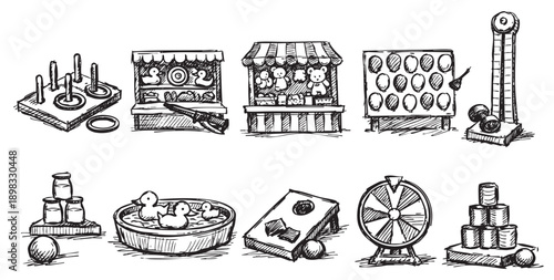 A sketched illustration of classic carnival games: ring toss, duck pond, high striker, wheel of fortune, etc. Ideal for themed posters, invitations, or event graphics.