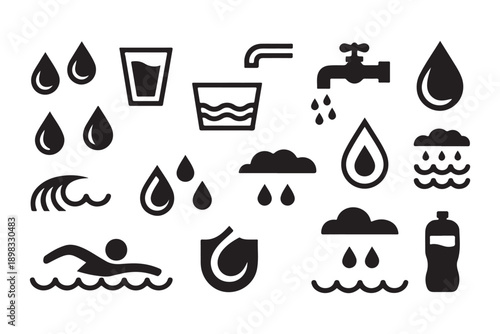 Water drops rain tap faucet glass swimming pool bottle symbol collection set