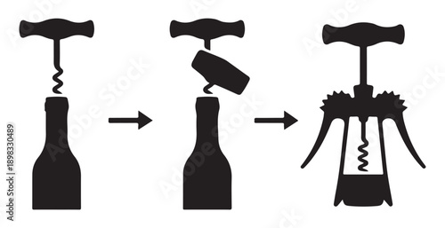 Corkscrew opening wine bottle sequence silhouette illustration showing three stages of removing cork