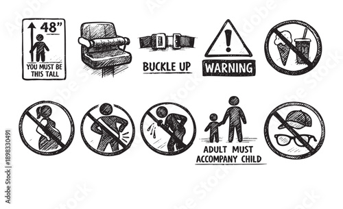Black and white hand-drawn icons featuring warnings, rules, and regulations. Illustrative style perfect for safety manuals, websites, or educational materials. Concepts of restrictions and caution.