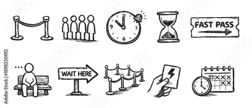 Collection of vector sketch icons illustrating concepts of waiting, queues, fast pass, time management, and scheduling. Isolated on white for easy use.