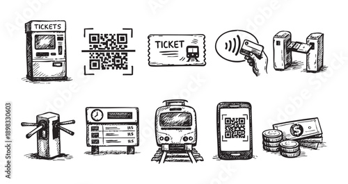 Vector set of hand-drawn illustrations depicting public transport and fare payments in black and white. Perfect for illustrating blogs and transportation infrastructure.