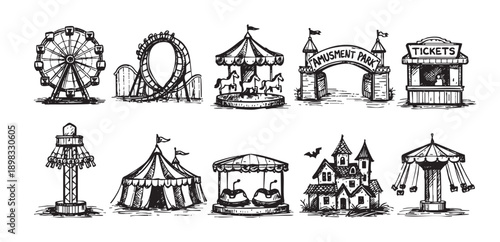 Black and white hand-drawn sketch of various amusement park rides and attractions, perfect for graphic design, vintage themes, or playful illustrations.
