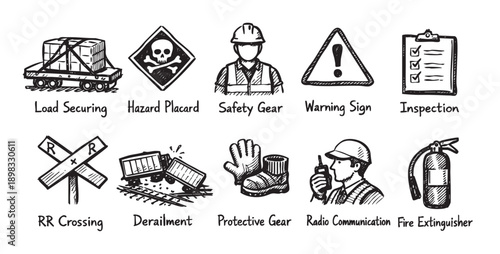 Vector doodle icons depicting railway safety, operations, hazards, and equipment. Ideal for presentations, infographics, safety manuals, or transportation related content.