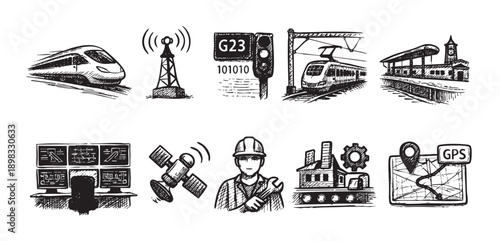 Hand-drawn style illustration with various railway technology elements. Includes trains, tracks, signals, control panels. Use for transportation, engineering, infographic, or railway design projects.