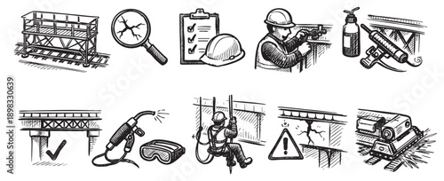 Vector line art illustration of bridge inspection, maintenance and repair icons. For use in construction, engineering, safety materials, or technical documentation.