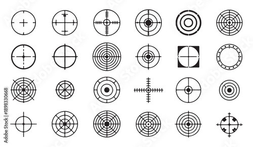 Collection of various black and white reticle, target, and crosshair icons for graphic design