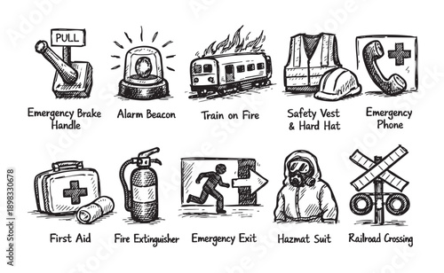 Hand-drawn illustrations depicting emergency safety equipment and scenarios. Great for presentations, educational materials, and safety manuals. Black and white style, clear imagery.
