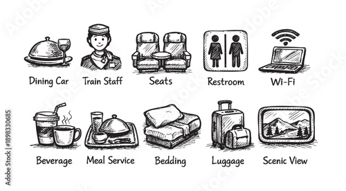 Hand-drawn style vector illustration icons representing train travel and onboard services. Ideal for website design, travel brochures, or apps. Black and white sketch effect adds a creative touch.