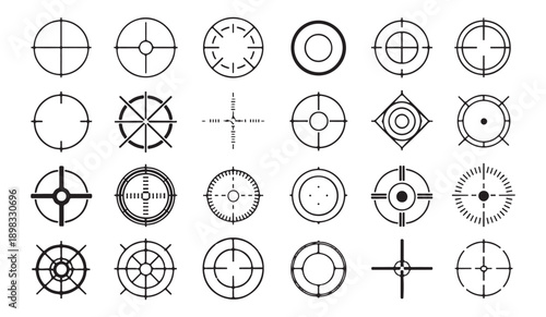 Large set of various black and white reticle, crosshair, and target icons for design projects