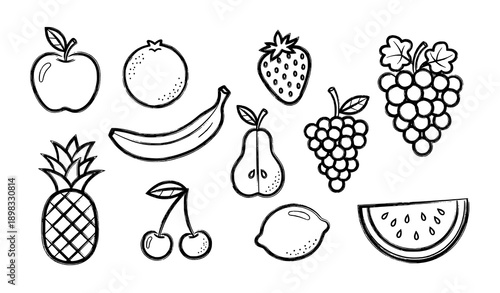 Naive chalk fruit doodle outline vector illustration set with hand drawn crayon style