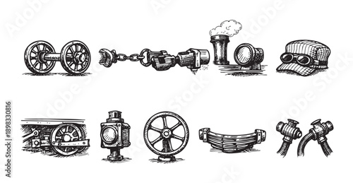 Hand-drawn illustration of various steam train components. Black and white style, vintage aesthetic. Suitable for design elements, historical themes, railway content, steampunk.