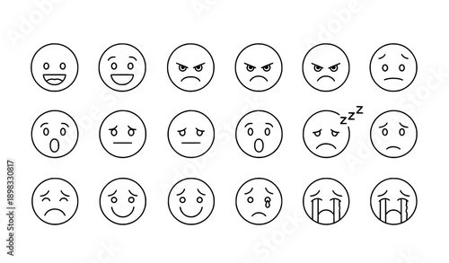 Outline emotion face icon vector set with clean line art cartoon mood symbols