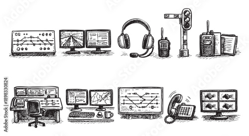 Hand-drawn sketch of train dispatch equipment, including monitors, radios, phones and train. For illustrations, articles about the future of transportation.