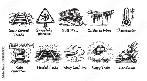 A hand-drawn illustration depicts various extreme weather conditions impacting train transportation. Includes images of snow, rain, wind, fog, floods, landslides, and related safety measures.