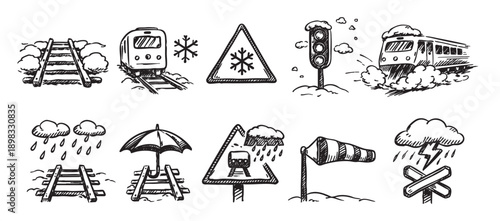 A hand-drawn illustration depicts various extreme weather conditions impacting train transportation. Includes images of snow, rain, wind, fog, floods, landslides, and related safety measures.
