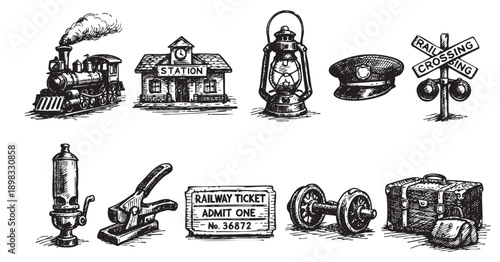 Detailed black and white sketch of railway symbols. Includes a steam train, station, signal and accessories. Ideal for illustrating transportation, travel, and vintage concepts.