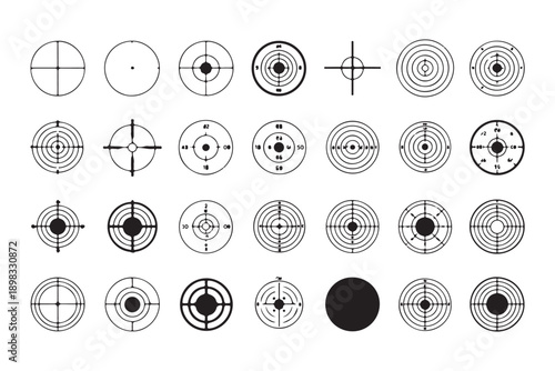 Vintage target illustrations with varied concentric rings and numbered zones for sport and training