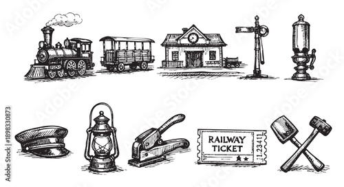Antique railway icons set. Steam train, wagon, station, signal, uniform cap, ticket, tools sketch. Black and white vector illustration for travel, history, or design.