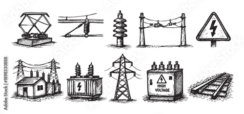 Black and white hand drawn vector illustration of power and electricity infrastructure. Includes transmission towers, transformers, warning sign. Useful for industrial, safety, and design concepts.
