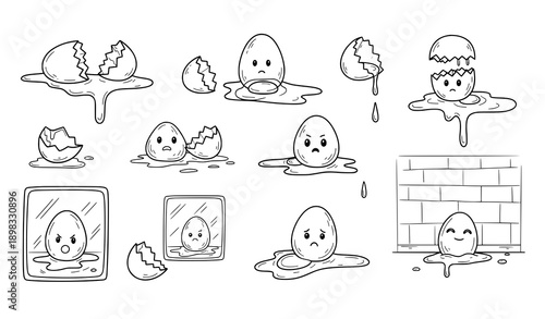 Hand drawn cracked egg doodle outline vector set with cartoon broken egg symbols