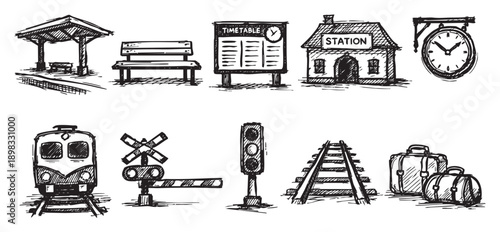 A hand-drawn illustration featuring various train station elements in black and white. Includes a train, building, tracks, signage, and luggage. Suitable for design projects.
