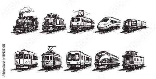 Hand-drawn illustration featuring various types of trains from different eras, isolated on white. Useful for historical, transportation, or creative projects.