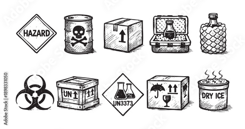 A set of hand-drawn illustration icons for hazardous materials and special goods, including toxic waste, dry ice, and fragile contents.