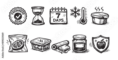 A set of hand-drawn icons representing food preservation, freshness, and storage. Ideal for illustrating food safety, packaging, expiration dates, or culinary concepts.