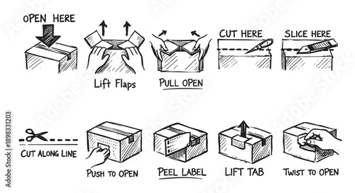 Hand-drawn illustration showing step by step instructions on how to open a box. Includes arrow and cutting directions, in a sketch style.
