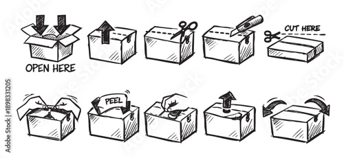 Hand-drawn illustration showing step by step instructions on how to open a box. Includes arrow and cutting directions, in a sketch style.