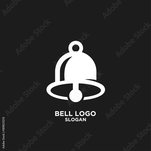 Minimalist White Bell Logo Icon on Black Background for Notification and Alarm Symbol