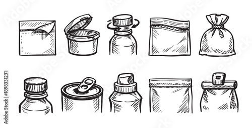 Set of sketched packaging of different forms. Includes containers, bags, bottles, and cans. Good for illustrating product design and packaging concepts.