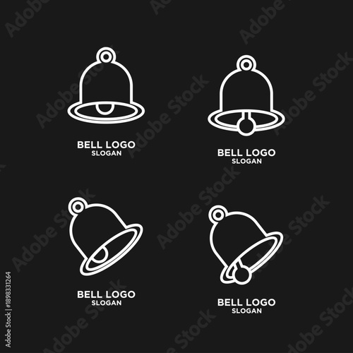 Minimalist Bell Logo Icon Collection. Four Vector Outline Notification Symbols for App UI Design and Website Alerts on Black Background.