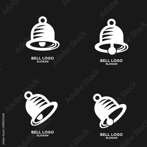 Collection of White Bell Logos with Stylized Sound Wave Elements on a Black Background, Suitable for Notification Icons and Branding