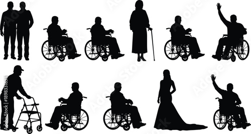 Tableau sur toile Silhouettes of diverse people with disabilities including wheelchair users, elde