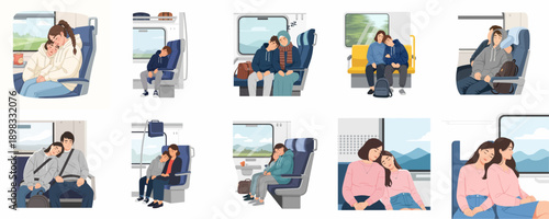 Collection of illustrations showing diverse people napping and relaxing comfortably on train and public transport seats during travel.