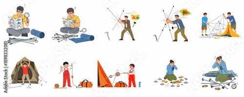 Cuadro en lienzo Collection of illustrations showing people confused, struggling, and frustrated while reading instructions and setting up a camping tent and outdoor gear