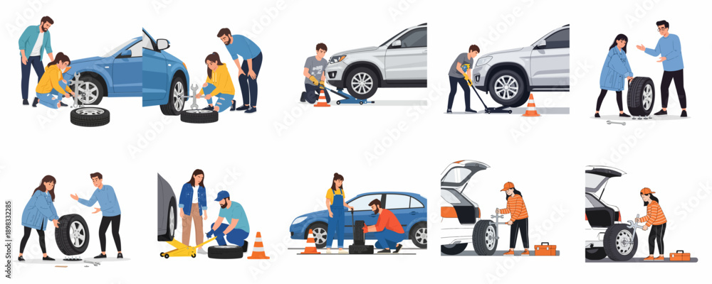 Fototapeta premium Collection of vector illustrations showing people changing car tires, performing roadside repair, using jacks, wrenches, and spare tires for vehicle maintenance.