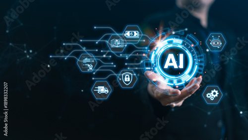 Businessman holding a glowing AI central hub with connected business icons. Concept of artificial intelligence ecosystem, automation, smart industry, machine learning, and digital transformation.