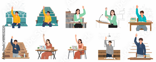 Canvastavla Collection of students raising hands in classrooms and lecture halls, expressing participation, asking questions, or seeking help during educational sessions