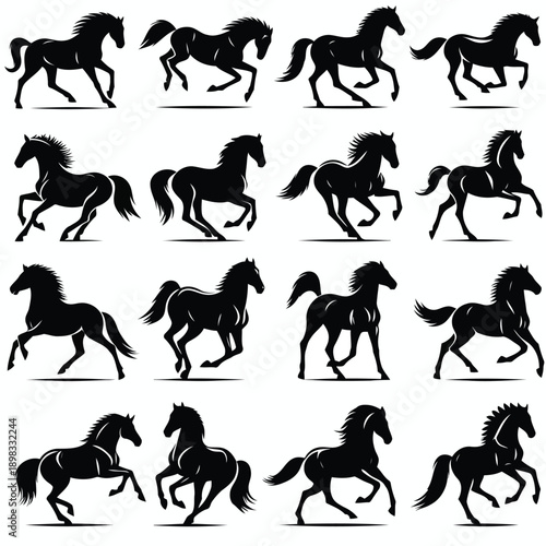 Dynamic silhouettes of galloping horses showcase various poses and movements in black
