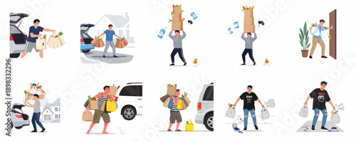 Quadro su tela Overloaded man struggling with heavy grocery bags, carrying multiple paper and plastic sacks of food from the car to his home, dropping items