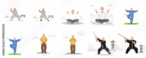 Traditional Chinese Wellness Set: Elderly Men Practicing Tai Chi, Meditation, Qigong, and Martial Arts for Health and Longevity.