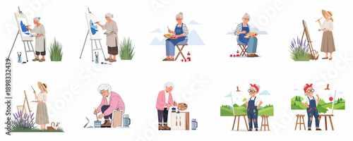 Senior women artists painting vector set. Elderly characters embracing hobbies, creativity, and self-expression outdoors and indoors on easels.