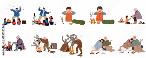Vector illustration set of family and friends camping, telling scary stories around the bonfire, and seeking comfort outdoors.